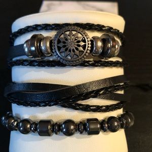 Stacked Hematite and Naga Leather Sun Dial Bracelet
